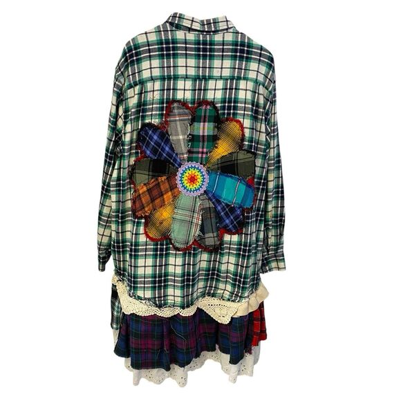 Flannel Shirt Womens 3X Duster Shacket Green Cottage Grunge Art Upcycle Peasant - Picture 10 of 16